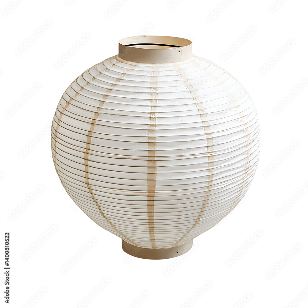 A spherical white paper lantern with horizontal ribbing and a central metal support ring shown on a transparent background in clean mockup form