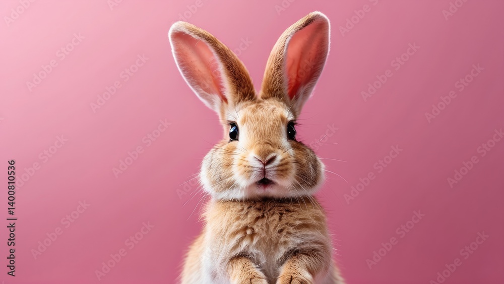 Obraz premium A white rabbit with large ears and wide, expressive eyes is pictured against a pink background.