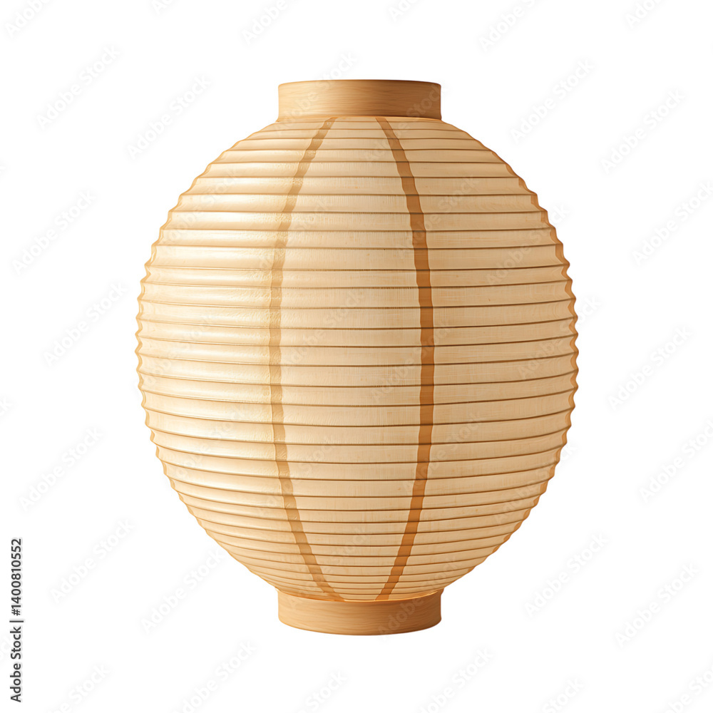 A spherical white paper lantern with horizontal ribbing and a central metal support ring shown on a transparent background in clean mockup form