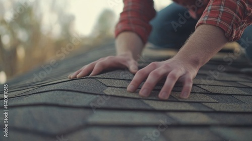 Roofer applying shingles on a residential roof. Featuring expertise and focus