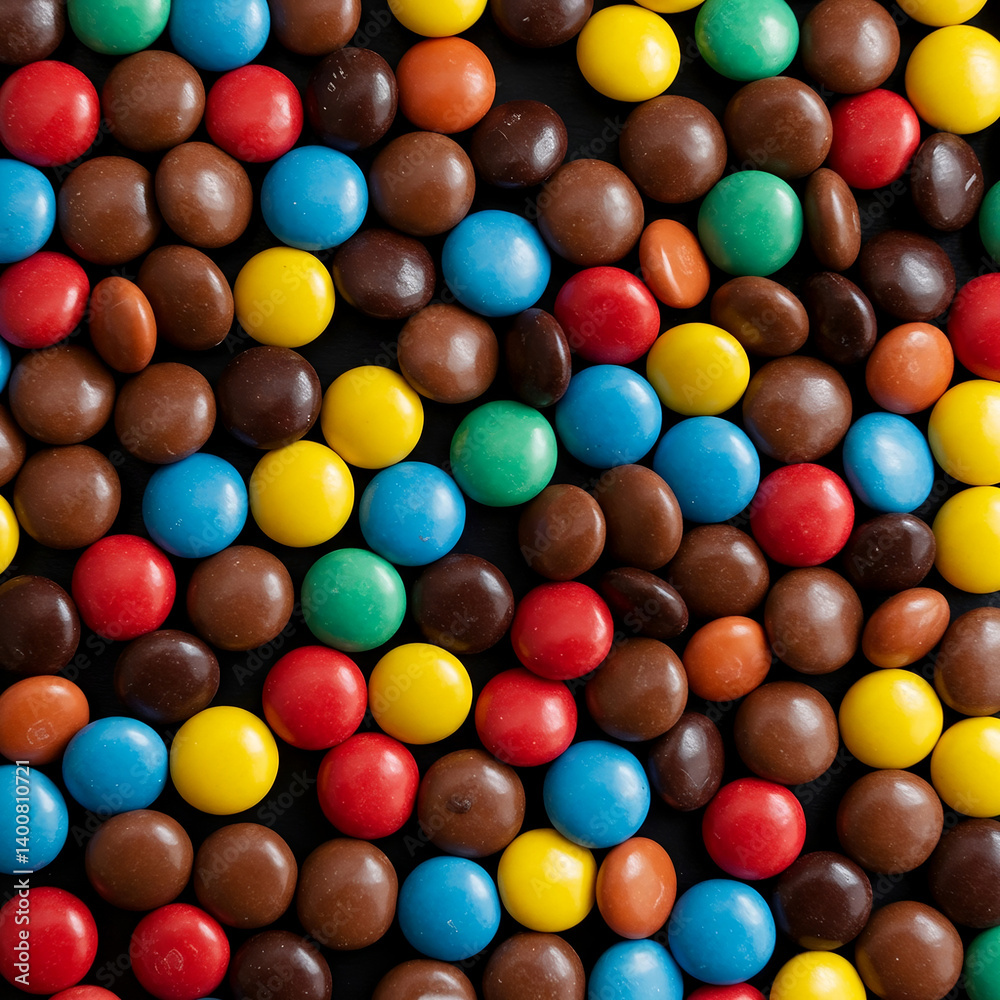 A close-up view of round, colorful candy-coated chocolates in vibrant hues like blue, yellow, red, brown, and orange, with a glossy finish adding visual appeal. A close-up view of round, colorful candy-coated chocolates in vibrant hues like blue, yellow, red, brown, and orange, with a glossy finish adding visual appeal.