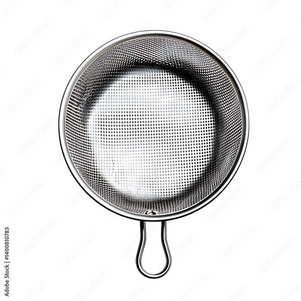A kitchen strainer made of stainless steel featuring perforations and two side handles displayed on a transparent background in a clean high-resolution render