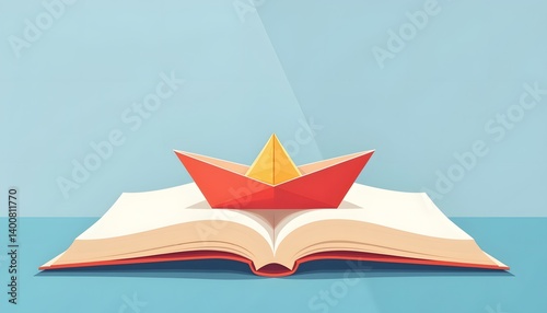 A minimalist paper boat sailing on an open book, vector flat style, concept of imagination, storytelling, and learning.