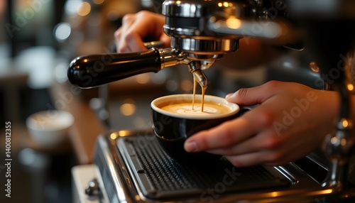 A barista's hands making coffee, macro close up, focused on action, warm café tones, professional stock photography