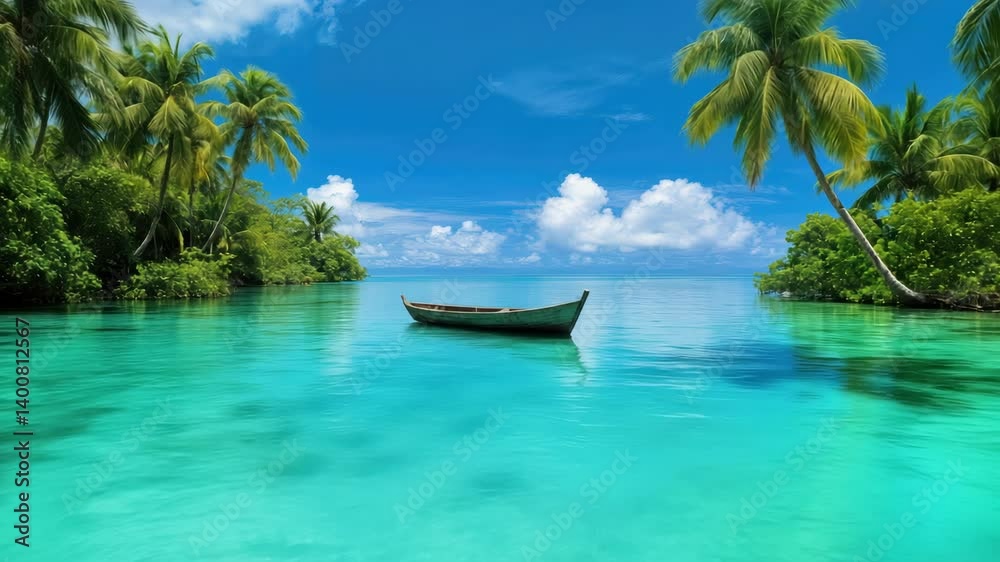 Small Wooden Boat on Turquoise Water Between Lush Tropical Islands: A Serene and Tranquil Paradise Small Wooden Boat on Turquoise Water Between Lush Tropical Islands: A Serene and Tranquil Paradise
