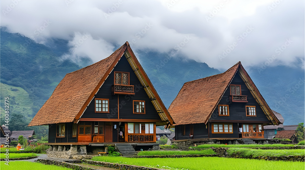 Scenic Black Wooden Traditional Houses with Brown Tiled Roofs in Rural Landscape against Mountain and Cloudy Sky Background