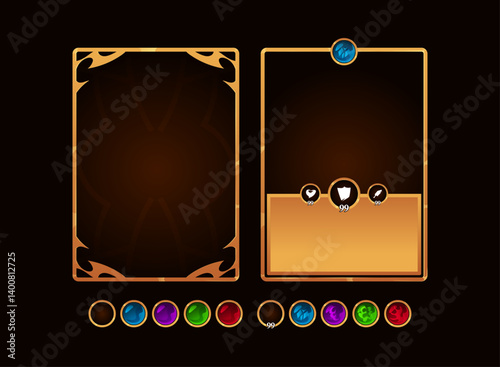 front and back tcg fantasy medieval gold template with colorful icon set vector game illustration