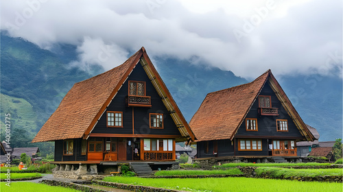 Obraz na płótnie Scenic Black Wooden Traditional Houses with Brown Tiled Roofs in Rural Landscape against Mountain and Cloudy Sky Background w salonie