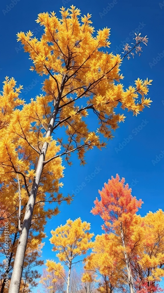 Colorful foliage of tamarack tree against a blue sky, woodsy atmosphere, forest trees Colorful foliage of tamarack tree against a blue sky, woodsy atmosphere, forest trees