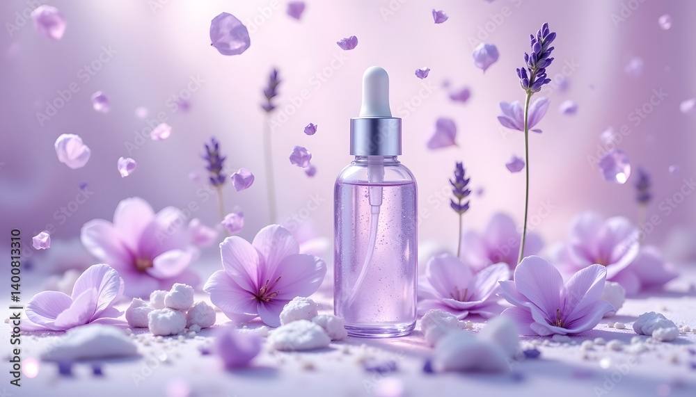 Nature inspired serum bottle advertisement scene with floating lavender petals and crystal sparkles, glossy bottle, elegant composition, lavender tones, crisp textures, product spotlight effect Nature inspired serum bottle advertisement scene with floating lavender petals and crystal sparkles, glossy bottle, elegant composition, lavender tones, crisp textures, product spotlight effect