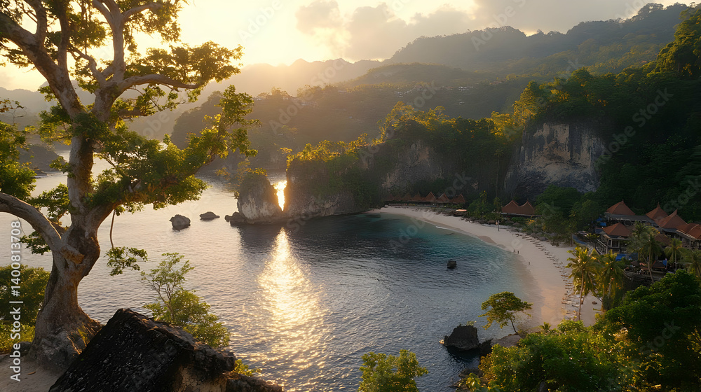 Scenic Coastal Bay with Lush Vegetation Lit by the Golden Sunlight in Tropical Island Paradise at Sunset