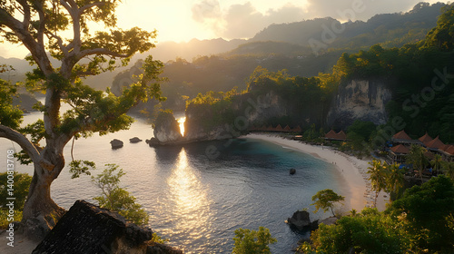 Obraz na płótnie Scenic Coastal Bay with Lush Vegetation Lit by the Golden Sunlight in Tropical Island Paradise at Sunset w salonie
