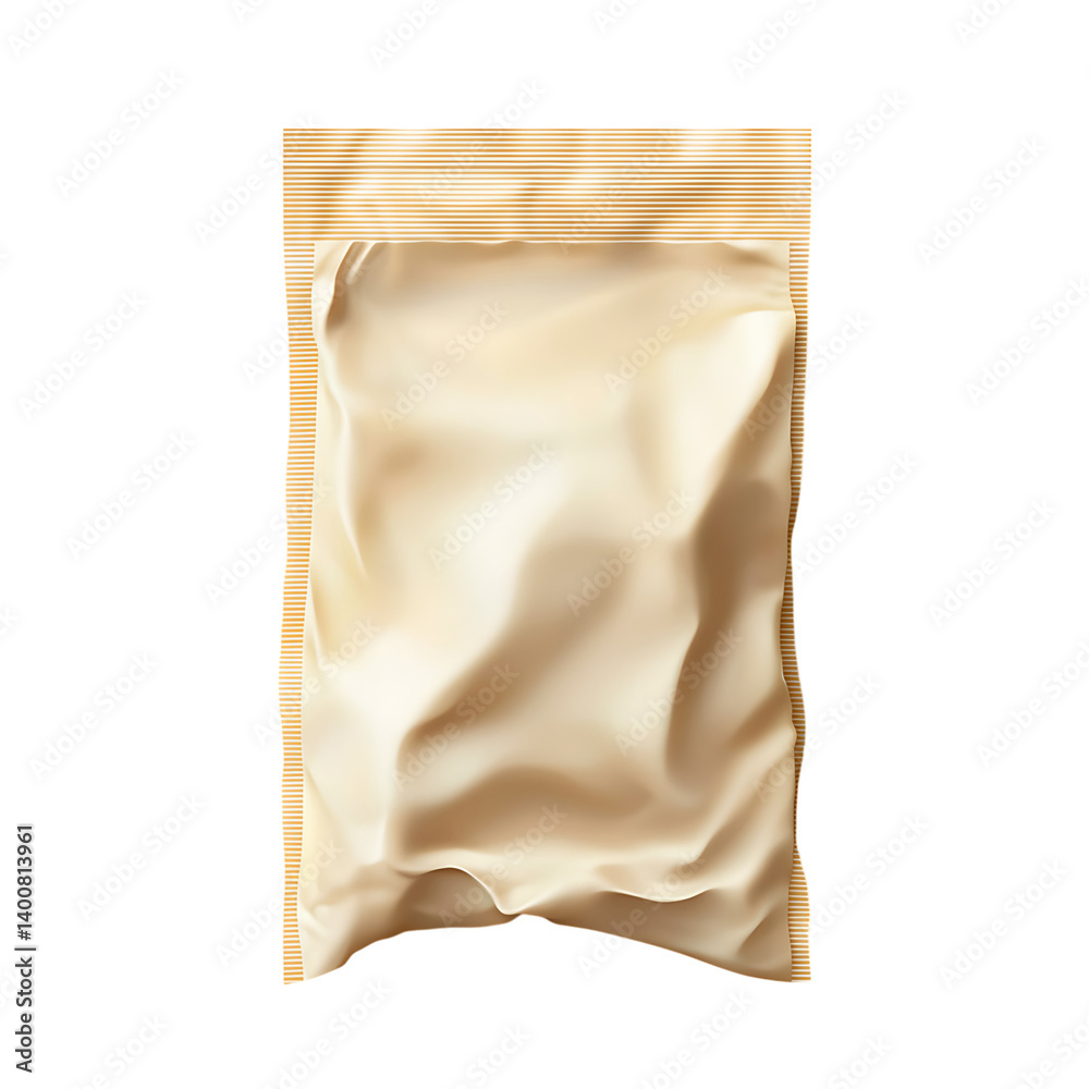 A sealed crumpled packet with a matte surface and serrated edges displayed on a transparent background resembling snack or yeast packaging