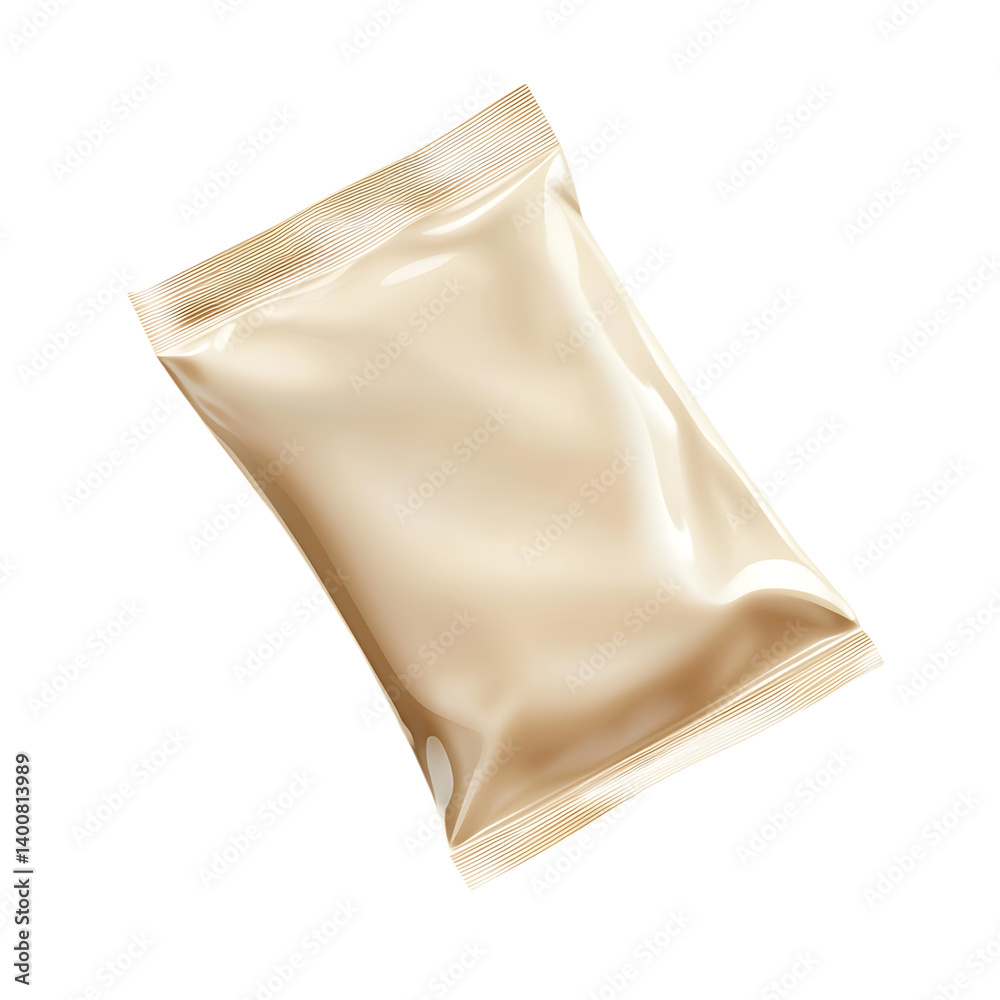 A sealed crumpled packet with a matte surface and serrated edges displayed on a transparent background resembling snack or yeast packaging