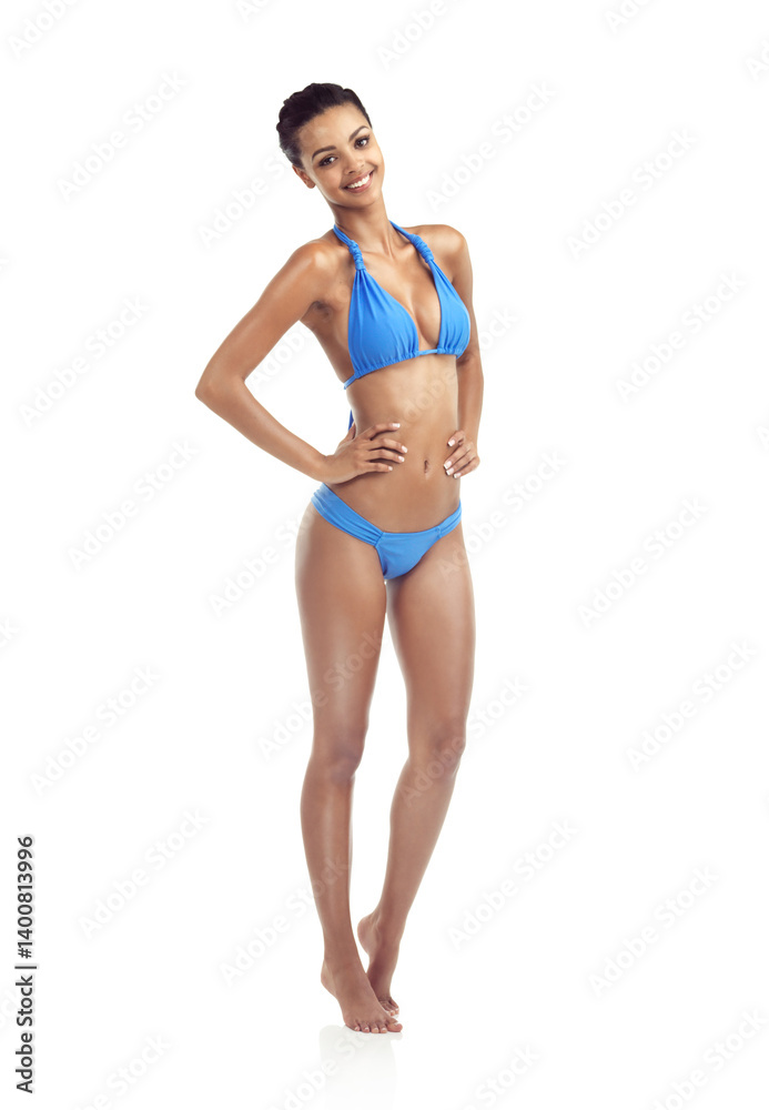 Confident, bikini and portrait of woman on a white background for style, fashion and swimwear. Happy, studio and body of girl in swimsuit with confidence for holiday, tropical summer and vacation Confident, bikini and portrait of woman on a white background for style, fashion and swimwear. Happy, studio and body of girl in swimsuit with confidence for holiday, tropical summer and vacation