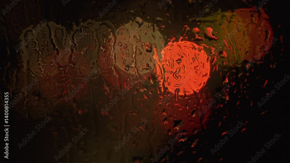 Raindrops in focus on a window, the darkness of the night is broken by trafic lights and the glow of car headlights. Atmospheric and cinematic.