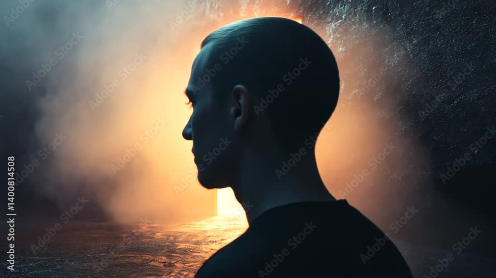 Introspective journey: A symbolic depiction of a man contemplating a luminous doorway