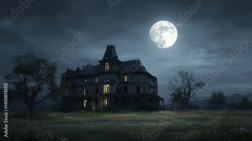 Eerie mansion illuminated by the moonlight in the middle of the night.