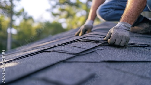 Roofing contractor fixing shingles on a roof. Featuring protection and durability