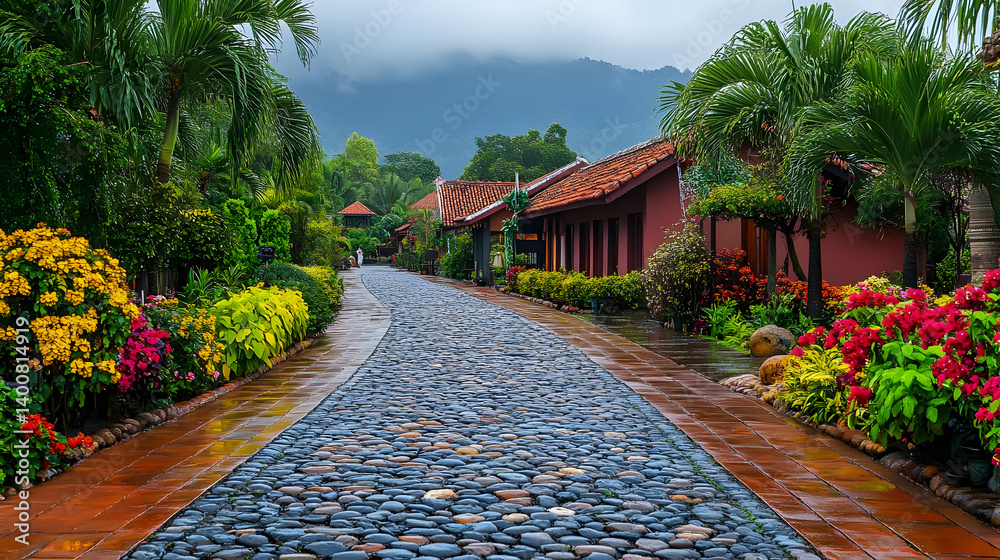 Scenic Cobblestone Pathway Through a Lush Tropical Garden with Vibrant Flowers Green Foliage and Cloudy Mountain Backdrop