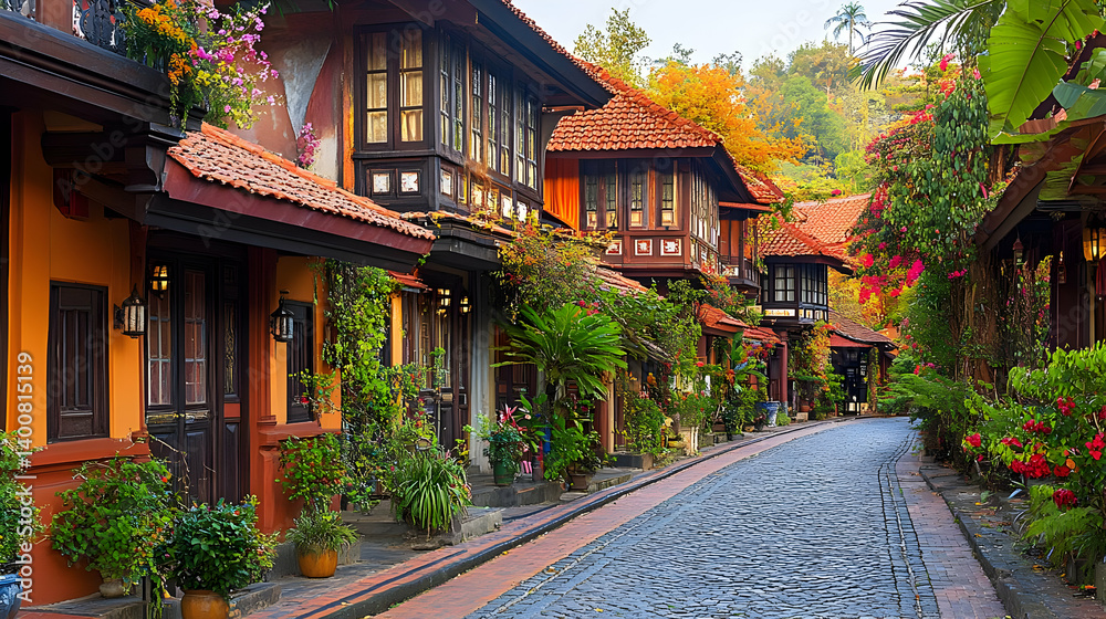 Scenic European Village Street with Traditional Architecture Brick Facades and Cobblestone Pavement in Warm Sunlight Creating a Picturesque Travel Destination