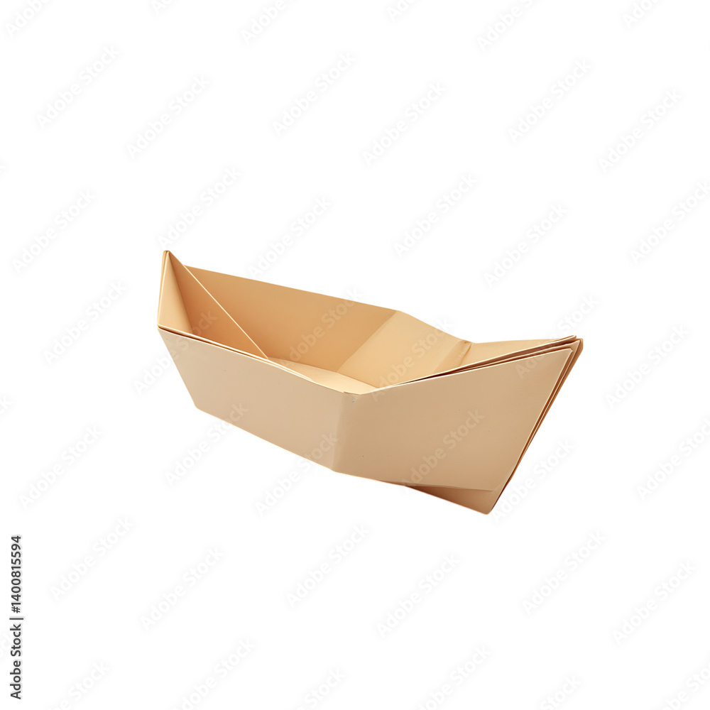 A white origami boat constructed from folded paper with pointed corners and a central sail shown on a transparent background as a clean mockup