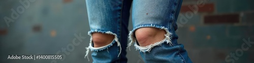 Distressed denim breeches with ripped knees and frayed hems, distressed, frayed, tear