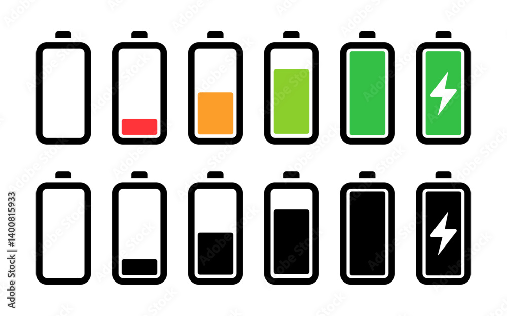 Battery icon set. Vector battery icons set showing various charge levels, low battery, and charging status. Perfect for apps, UI, UX, websites, and tech designs. Isolated on white background. Battery icon set. Vector battery icons set showing various charge levels, low battery, and charging status. Perfect for apps, UI, UX, websites, and tech designs. Isolated on white background.