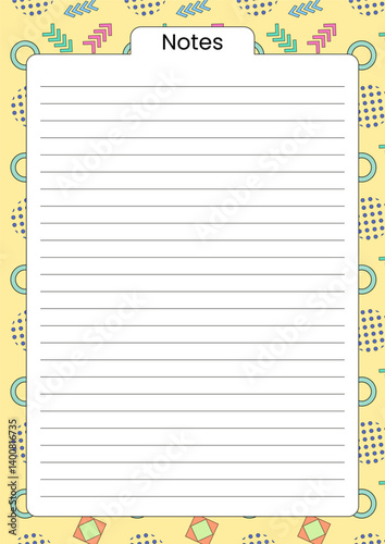 Lined notes page with a decorative colorful abstract geometric background in retro Memphis style. Ideal for journaling, planning, organizing daily tasks and list, and organizing thoughts.