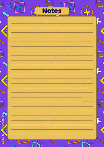 A vibrant notes page with a lined yellow section on a bright purple abstract geometric background in retro Memphis style. Perfect for journaling or planning, and organizing daily tasks and list.