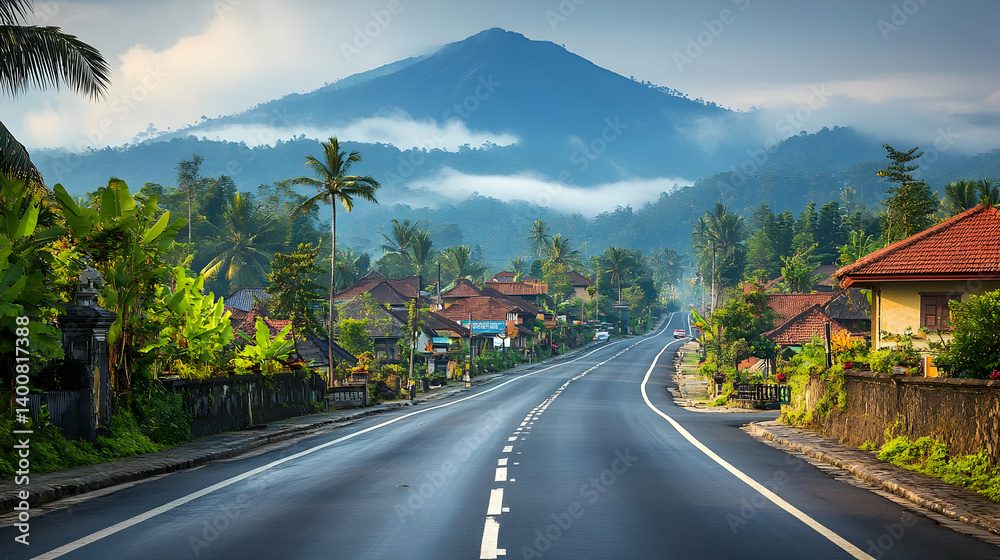 Scenic Highway Leading Towards Mountain Under Overcast Sky Featuring Lush Greenery in Rural Landscape and Winding Asphalt Road