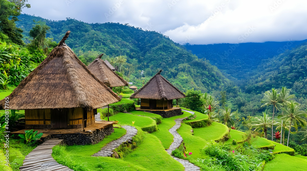 Scenic Green Valley with Thatched Roof Cottages and Stone Pathways in Tropical Landscape Under Cloudy Sky in Bali Indonesia