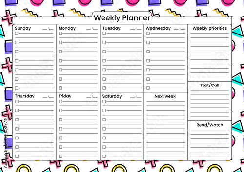 A stylish horizontal weekly planner with task checklist, priorities, and sections for notes, calls, and upcoming plans on an abstract geometric background in retro Memphis style.