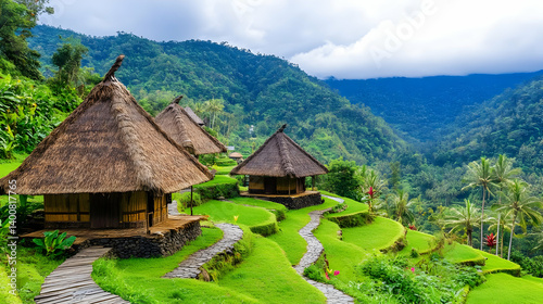 Obraz na płótnie Scenic Green Valley with Thatched Roof Cottages and Stone Pathways in Tropical Landscape Under Cloudy Sky in Bali Indonesia w salonie