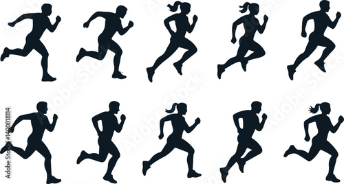 Silhouette Illustrations of People Running for Fitness, Gym, and Exercise Design Elements