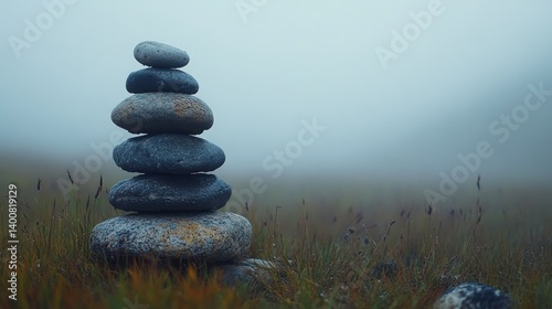 stack of balanced zen stones on tranquil foggy field symbolizing inner peace harmony mindfulness serenity nature's equilibrium