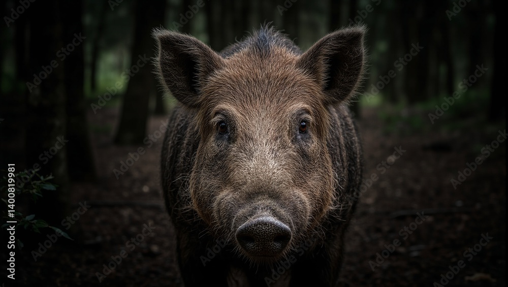 Powerful wild boar portrait with intense eyes set in a mysterious forest showcasing resilience and vigor Powerful wild boar portrait with intense eyes set in a mysterious forest showcasing resilience and vigor