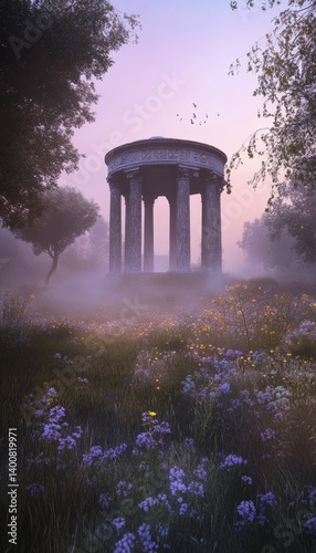 Tranquil ancient rotunda enveloped by wildflowers and mist in a twilight meadow scene