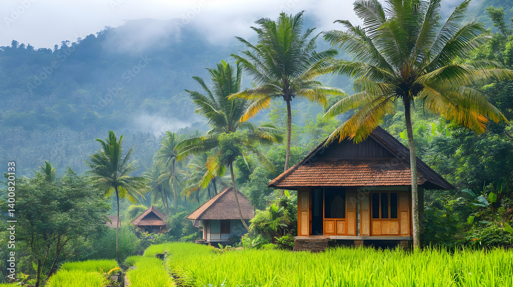 Scenic Huts Amidst Lush Greenery and Mountainous Terrain Under a Cloudy Sky in Rural Setting