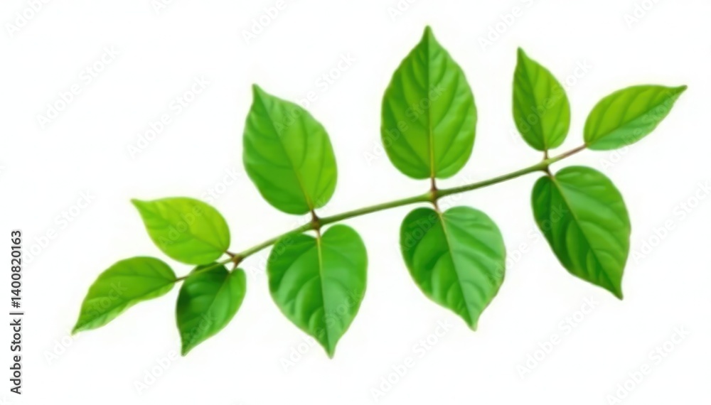 Green leafy branch isolated on white background, with a few delicate petals, white, leaves, plant Green leafy branch isolated on white background, with a few delicate petals, white, leaves, plant