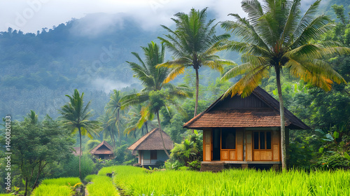 Scenic Huts Amidst Lush Greenery and Mountainous Terrain Under a Cloudy Sky in Rural Setting