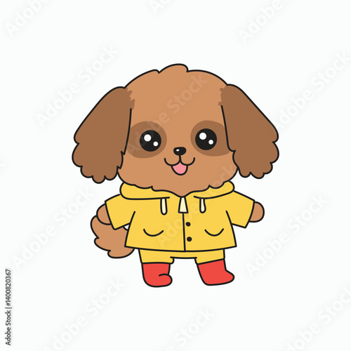 Cute cartoon puppy in a yellow raincoat and red boots, smiling happily.