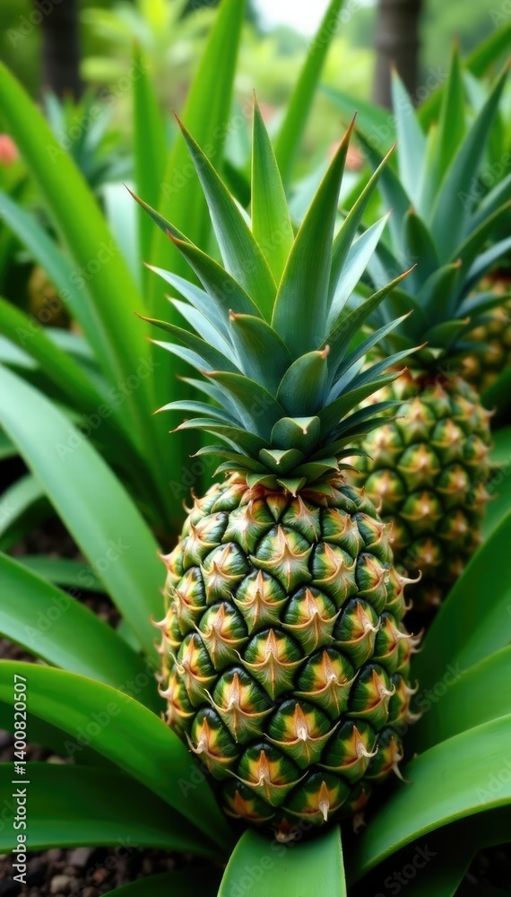Green leaves on pineapple trees surrounding a garden filled with ornamental plants, Botany, Filtration, Eco Friendly Green leaves on pineapple trees surrounding a garden filled with ornamental plants, Botany, Filtration, Eco Friendly