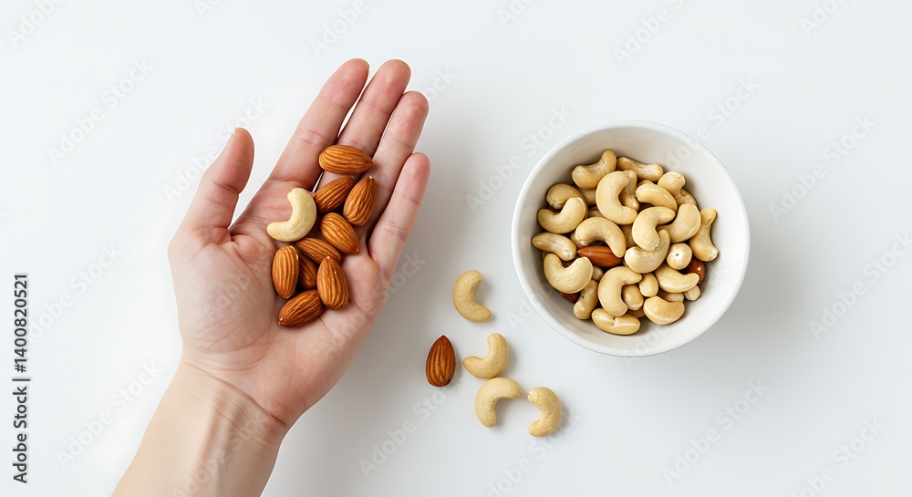 Hand Holding Almonds and Cashews with a Bowl of Cashews Hand Holding Almonds and Cashews with a Bowl of Cashews