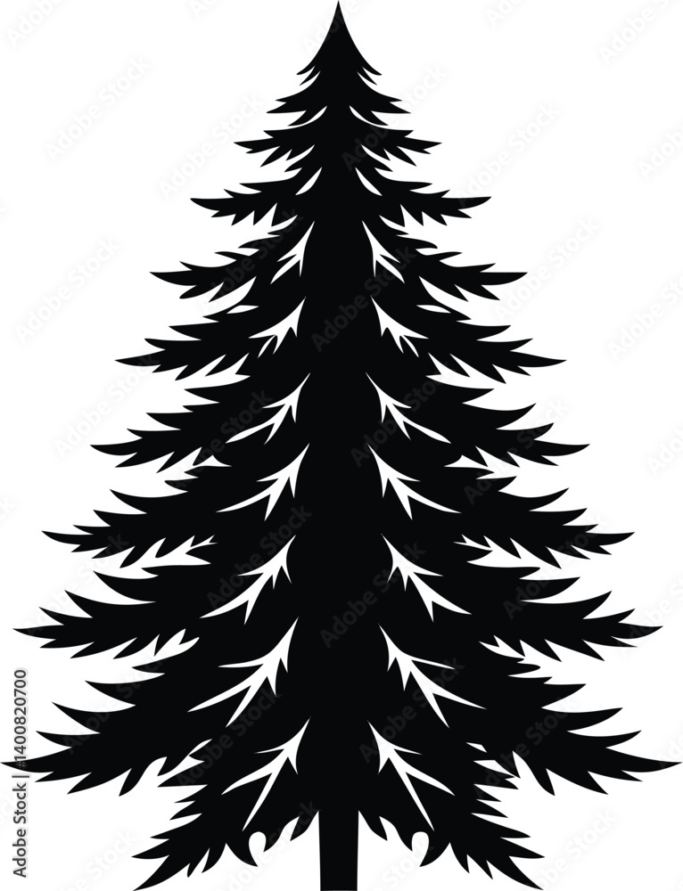 Fototapeta premium . A silhouette of a coniferous tree, featuring a tall, slender trunk and dense, pointed branches. 