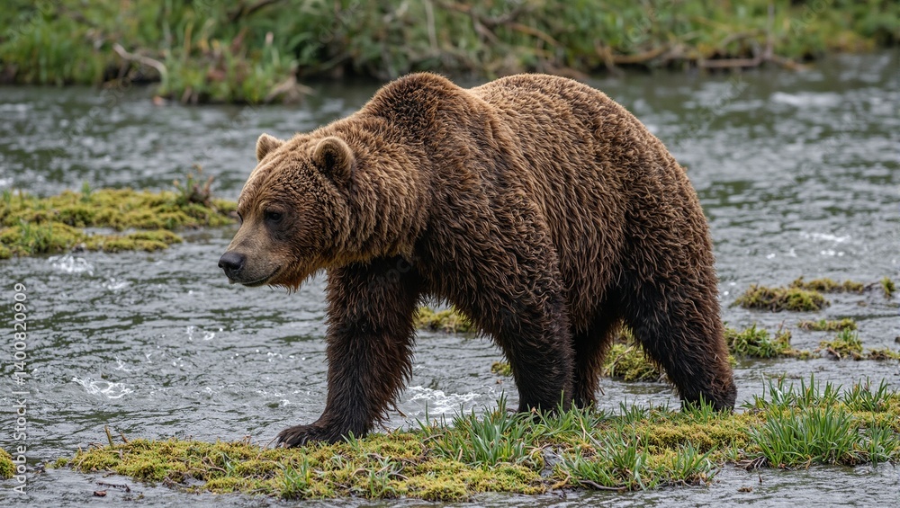 Majestic grizzly bear in motion by a serene riverbank blending power and grace against a backdrop of vibrant greenery Majestic grizzly bear in motion by a serene riverbank blending power and grace against a backdrop of vibrant greenery