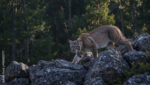 Majestic lynx prowling rocky forest terrain exuding wild grace and keen awareness in gentle light