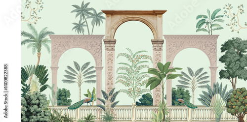 Traditional Mughal Garden Illustration, Mughal Arch with Garden Illustration, Mughal Wall Mural.
