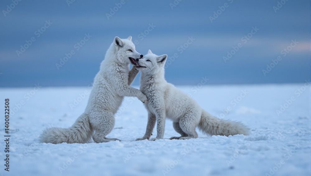 Two arctic foxes frolicking on snowy tundra under a twilight sky showcasing their striking white fur against the deep blue backdrop Two arctic foxes frolicking on snowy tundra under a twilight sky showcasing their striking white fur against the deep blue backdrop