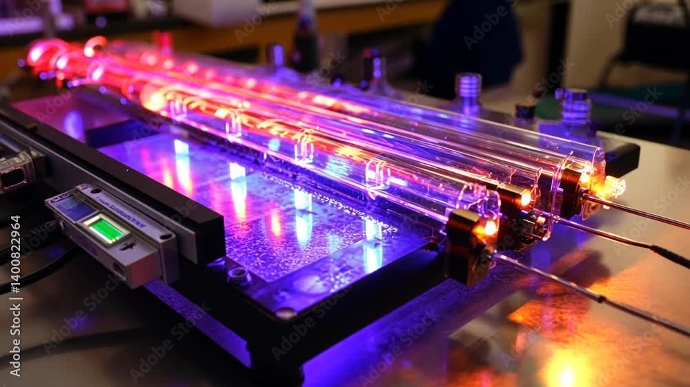 Illuminated scientific setup featuring glass tubes, light effects and modern technology